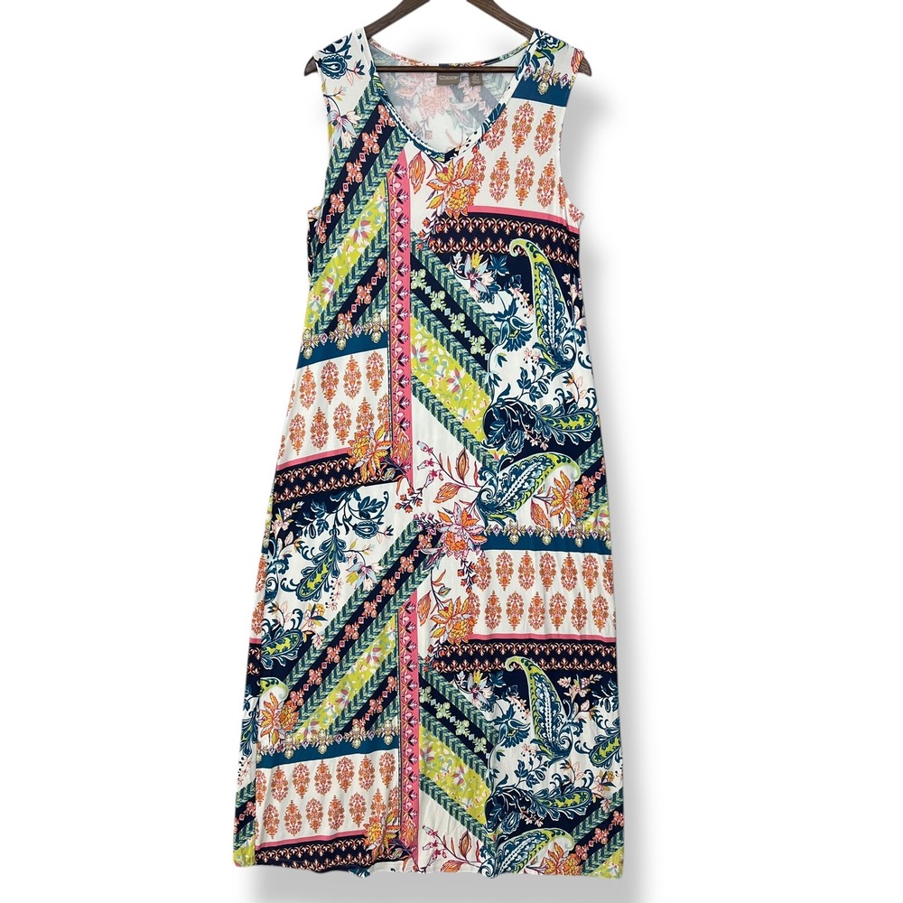 Chico's Dress L 2 Paisley Floral Patchwork Boho Sleeveless Maxi Resort Vacation